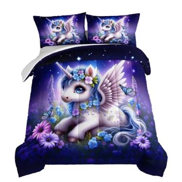 Imagem de HOSIMA Conjunto de edredom solteiro de unicórnio para crianças, estampa de unicórnio kawaii cercado por flores, estampa de borboletas, roupa de cama de princesa com estampa de lavanda para decoração
