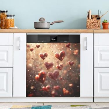 Imagem de ATTX Capa magnética de lava-louças coração rosa | Adesivo decorativo de eletrodomésticos de 58 x 66 cm para armários domésticos e eletrodomésticos #130