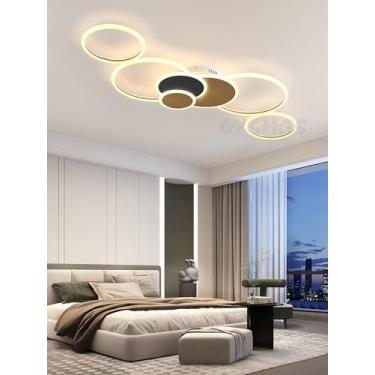 Imagem de Luminária de teto LED moderna em formato de anel, 125W, dimerizável, em acrílico, com controle remoto e função de memória, ideal para sala de estar, quarto, cozinha e escritório (dourado + p