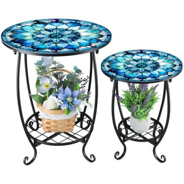 Imagem de Cinnvoice 2 peças de mesa de canto para área externa 30,5 cm e 40,6 cm pequeno pátio lateral redondo com detalhes em mosaico interior planta de metal mesa de café para quintal, varanda, jardim, pátio