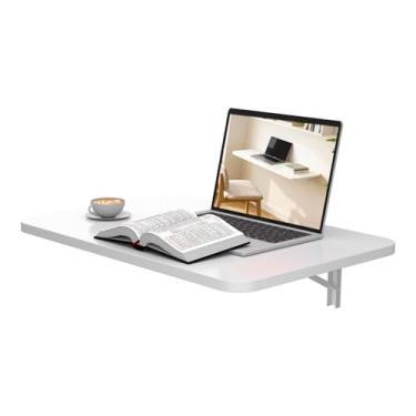 Imagem de Neoaider Mesa dobrável montada na parede 60 cm x 40 cm, mesa suspensa com suportes dobráveis de metal, mesa de parede dobrável para espaços pequenos, casa, escritório, cozinha, lavanderia - branca