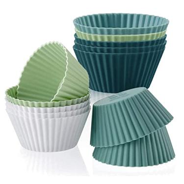 Imagem de Forros de muffin de silicone reutilizáveis para cupcakes, sem BPA, regular, pacote com 12, branco, azul, verde