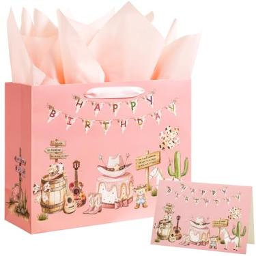Imagem de Crisky Bolsas grandes de aniversário de vaqueira para meninas com cartão e lenços de papel, urso rosa grande bolsa de presente de aniversário de menina para lembrancinhas de festa de vaqueira