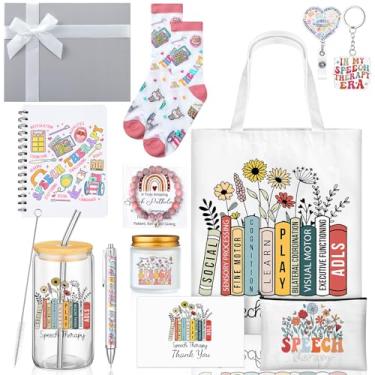 Imagem de Remerry 12 peças de presentes de fonoaudiólogos para mulheres, conjunto de presentes de agradecimento SLP inclui bolsa de cosméticos, copo de vidro, vela, caderno, pulseira, porta-crachá para