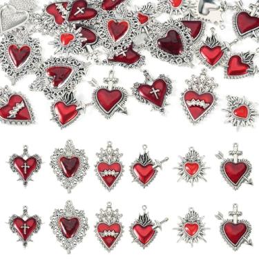 Imagem de Craftora 24 pingentes vintage de coração sagrado estilo punk gótico, pingentes de coração esmaltados vermelhos com cruz para brincos faça você mesmo, colar de joias, suprimentos de artesanato DIY