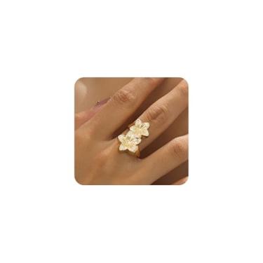 Imagem de Navirix Anel de dedo delicado de flor dourada para mulheres, exclusivo, pequeno, grosso, floral, brilhante, strass, presente de festa de aniversário, formatura, joias, Metal, Sem pedra preciosa