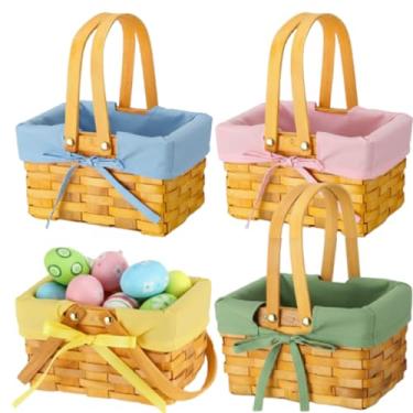Imagem de Sunnychicc 4 peças de cesta de Páscoa com alças duplas dobráveis e forro de guingão, vazio, natural, lascas de madeira, piquenique, bambu feito à mão, cesta de ovos para piquenique, embalagem de