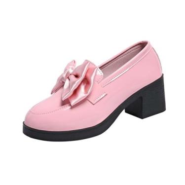 Imagem de Mocassins femininos casuais para todas as estações, sapatos de couro, cor sólida, laço redondo, sola grossa, salto médio, rosa, 35