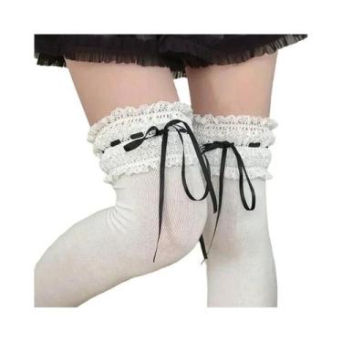 Imagem de Meias De Algodão Kawaii Lolita Com Laço De Renda Acima Do Joelho, Meia