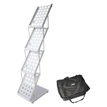 Imagem de ZDJZMGZ Suporte de jornal, porta-revistas de chão, organizador de documentos dobrável para casa/exposição/canto de leitura, suporte de catálogo de ferro fácil de armazenar (branco)