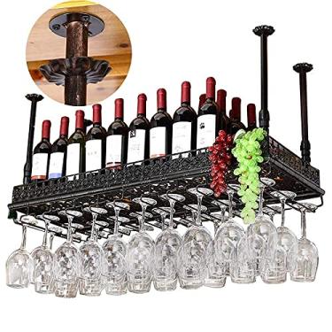 Imagem de HHHJQFAAT Prateleiras de vinho, organizar barras de cozinha, rack de vinho pendurado de cabeça para baixo, prateleira de arte de ferro suspenso, suporte de talheres de teto suspenso para balcão de bar