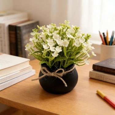 Imagem de 1 mini vaso de flores artificiais - plantas artificiais pequenas falsas verdes com vaso de plástico - perfeito para mesa, prateleira, banheiro, escritório, plantas falsas, decoração de casa de fazenda