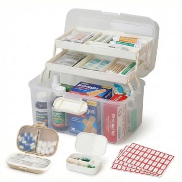Imagem de Caixa organizadora portátil de medicamentos e kit de primeiros socorros – Caixa de armazenamento dobrável de 3 camadas com alça e trava, estojo médico transparente para casa, dormitório, costura – com