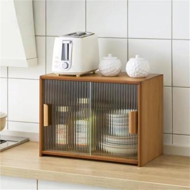 Imagem de Armário de armazenamento de bancada - Despensa de cozinha independente com 2 portas de vidro deslizantes, armário de exibição para cozinha e sala de estar, solução de armazenamento versátil