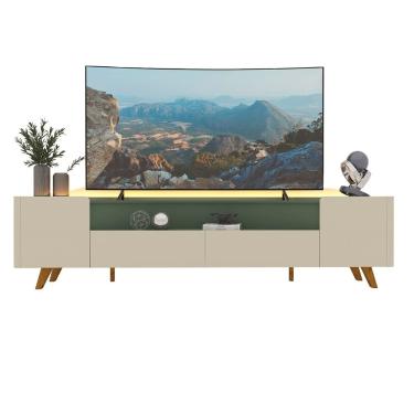 Imagem de Rack Para Sala Off White Com Verde-floresta Com Led E Pes De Madeira Infinity 2.3 - Gelius Móveis