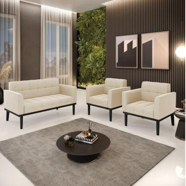 Imagem de Conjunto 2 Poltronas E 1 Namoradeira Decorativa Pés Fixo Em Madeira Preto Suede Bege