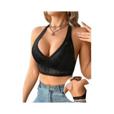 Imagem de Sutiã Sem Fio Feminino Com Renda E Patchwork, Decote Halter, Sem Costa