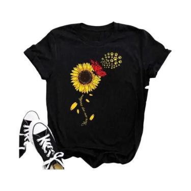 Imagem de Camiseta Preta Com Estampa De Borboleta E Girassol Kawaii Para Mulhere