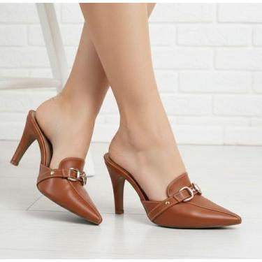 Imagem de Sapato Scarpin Scarpan Mule Salto Alto Bico Fino 9 cm Feminino, Marrom