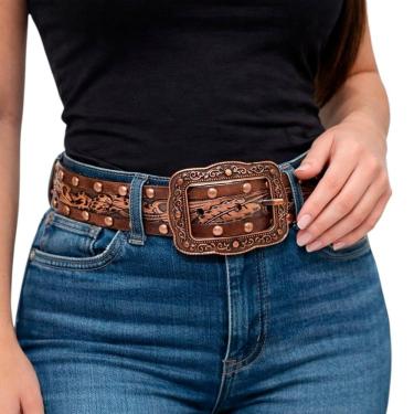 Imagem de Cinto Country Couro Bordado Rebites Feminino Rodeio Festa Sertanejo Fivela Quadrada Rem...