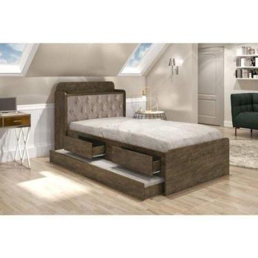 Imagem de Cama Tamires Solteiro 0,88cm Com Auxiliar Castanho Com Capitonê Bege D