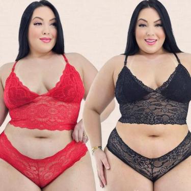 Imagem de Kit 2 Conjuntos Lingerie Plus Size Renda Sutiã Sem Bojo Calcinha Caleç