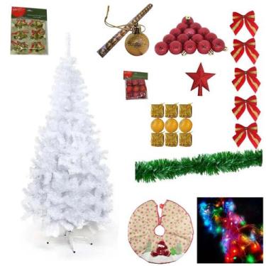 Imagem de Árvore De Natal Branca 1,50m 220 Galhos Com 62 Enfeites Decorada Pisca