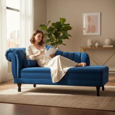 Imagem de Recamier Decorativo Divã Amsterdã 187cm Lado Direito Couro Azul Marinh