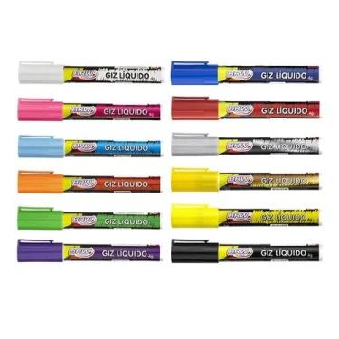 Imagem de Kit 12 Giz Líquido 6mm BRW Canetão Quadro Lousa Vidros Carro