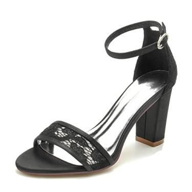 Imagem de Sapatos de noiva de cetim feminino sapatos de salto grosso sapato social marfim de salto alto 36-43,Black,5 UK/38 EU
