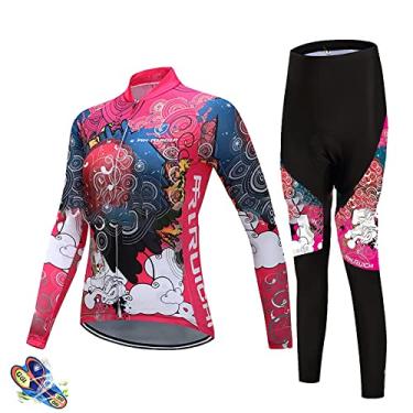 Imagem de Conjunto de camisa de ciclismo inverno feminino manga longa + calças acolchoadas 3D MTB desgaste de bicicleta térmico à prova de vento roupas esportivas, rosa, 1