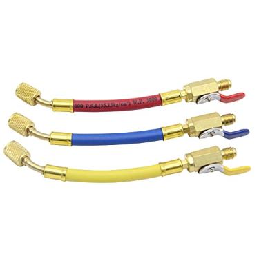 Imagem de Conjunto de 3 peças Hvac de baixa perda, válvula esférica R134A R410A R22 R12 com mangueiras de carregamento, conjunto de manifold de alta pressão de refrigeração de ar condicionado, rosca SAE de 0,63 cm, 17,78 cm