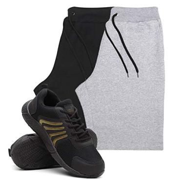 Imagem de KIT 2 Bermudas Masculina Moletom Conforto + Tenis Masculino Running Academia - Bermudas Preto/Cinza GG - Tenis Dourado - 39