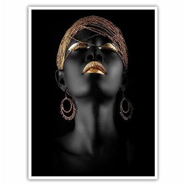 Imagem de Quadro Decorativo 90x60 Mulher Pintura Preta e Dourada para Decoração Sala Quarto Cor da Moldura:Branco