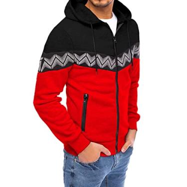 Imagem de Moletom masculino de inverno jaqueta masculina quente macia casaco de bolinhas três curvas zíper patchwork jaqueta com capuz, Vermelho, G