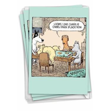 Imagem de NobleWorks Dogopoly – Cartão comemorativo de 3 anos com envelope – com desenho de caninos marcando território em um jogo de tabuleiro C3986BDG-C3x1