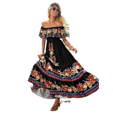 Imagem de Camisa Feminina Floral Print Off Shoulder Ruffle Hem Dress (Color : Black, Size : CH)