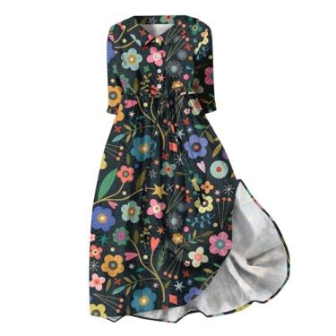 Imagem de Elogoog Vestidos de verão para mulheres 2024 gráfico franzido havaiano vestido maxi elegante manga curta cintura elástica floral vestido de trabalho, Azul claro, G