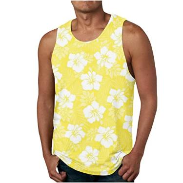 Imagem de Camiseta masculina havaiana regata tropical simples colete masculino gola redonda trilha academia praia verão outono colete 2024, W-286 amarelo mostarda, 6G