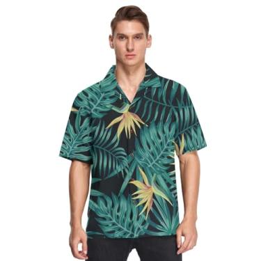 Imagem de GuoChe Camisas masculinas havaianas abotoadas manga curta tropical palmeira Monstera folhas samambaia azul dourado camisetas esportivas para hombre, Palmeira tropical Monstera folhas de samambaia azul