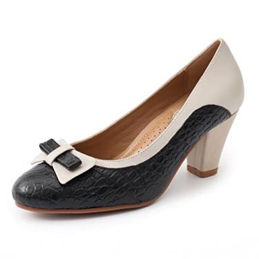 Imagem de Mona flying Sapato feminino retrô de couro com bico fino e salto gatinho elegante casual, Preto, off-white, 8