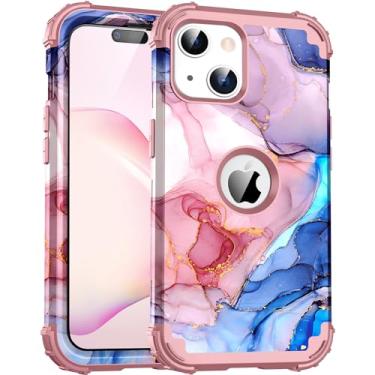 Imagem de BQQFG Capa para iPhone 15, design mármore, 3 camadas, resistente, à prova de choque, borracha de silicone macia + capa protetora contra quedas de plástico rígido para iPhone 15 de 6,1 polegadas, ouro rosa