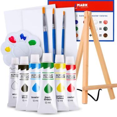 Imagem de J MARK Conjunto de tintas – Mini kit de pintura acrílica em tela com cavalete de madeira, telas, tinta, pincéis e mais
