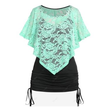 Imagem de ROSE GAL Rosegal Plus Size Blusa feminina sobreposta de camada dupla poncho blusa top capelet top, Verde 1, 3X