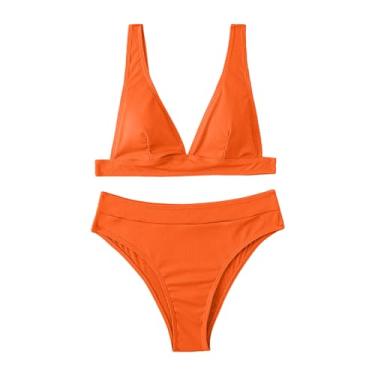 Imagem de Biquíni feminino, cor sólida, cintura alta, controle de barriga, roupa de banho slim fit, push up, roupa de praia triangular, I#_laranja, G