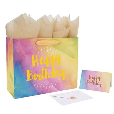 Imagem de wishinside Conjunto de sacolas de presente em aquarela amarela grande de 33 cm e cartões comemorativos e papéis de seda (folha dourada "Happy Birthday") para mulheres, homens, meninas, meninos, chá de