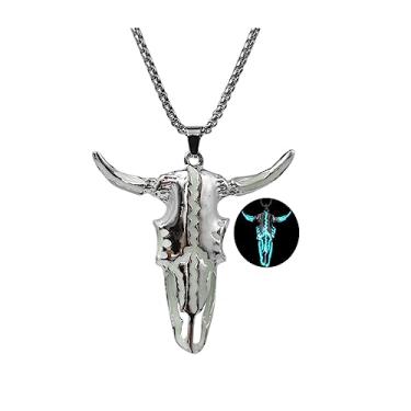 Imagem de Colar ocidental luminoso boi touro caveira cabeça chifre colar para mulheres e homens joias, 5.3cm x 5.4cm (Pendant), 27.55 inches (Chain), Aço inoxidável, Sem Pedra Preciosa