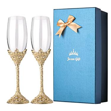Imagem de Jozen Gift Conjunto de 2 taças de champanhe douradas, base de metal de vidro cristal com pedras de cristal, conjunto de 2 pares de flautas, banquetes de aniversário de casamento, festas de aniversário