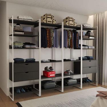 Imagem de Closet Industrial Casal Completo Loft Preto 4 Módulos Cabideiro com Gavetas Ferro Branco