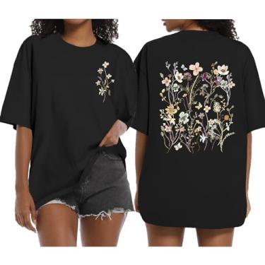 Imagem de Wrenpies Camiseta feminina com estampa floral boêmia, vintage, flores silvestres, cottagecore, jardins, amantes do jardim, Preto, P